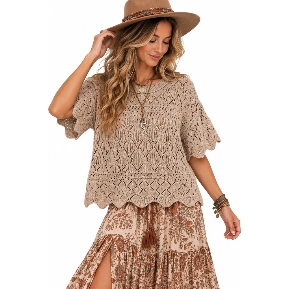 Splendid Cotton Pointelle Knit Crochet Top S Beige Scalloped Boho Festival NWT